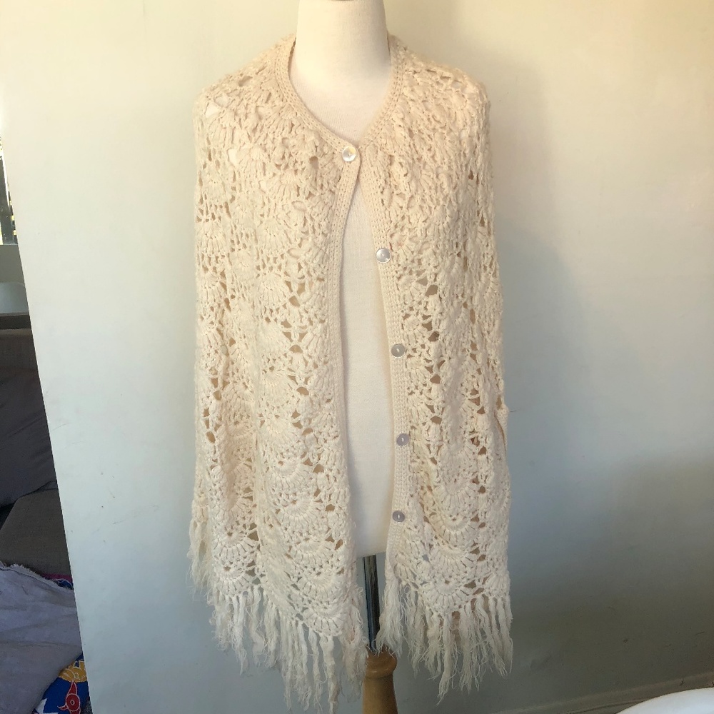 Vintage 60's Hand Crocheted Fringe Cape
